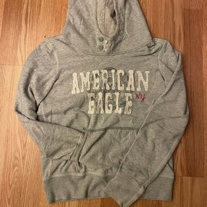 American Eagle Gray Embroidered Hooded Sweatshirt Size S